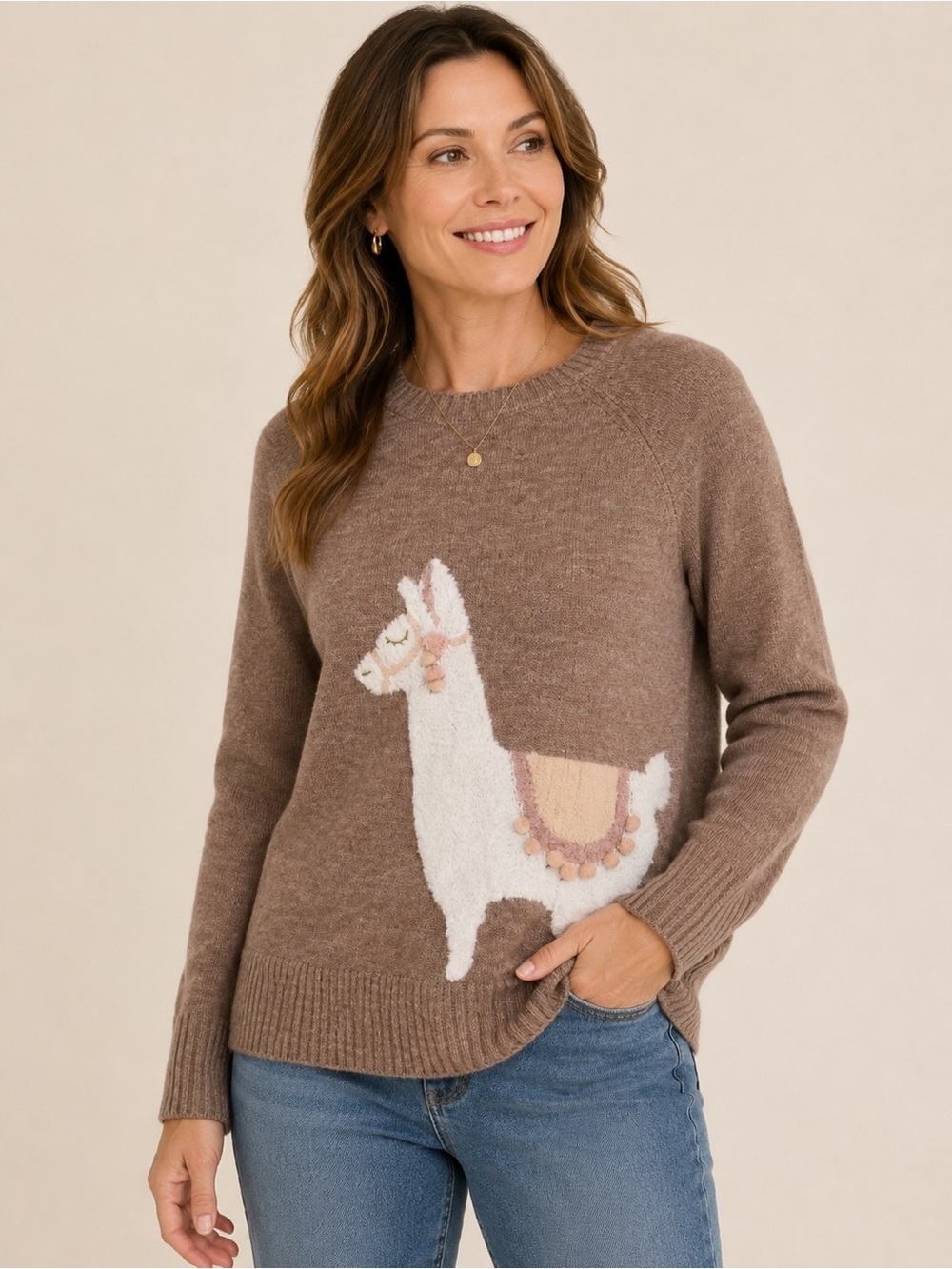 LC Lauren Conrad Brown Sweater with Llama Motif